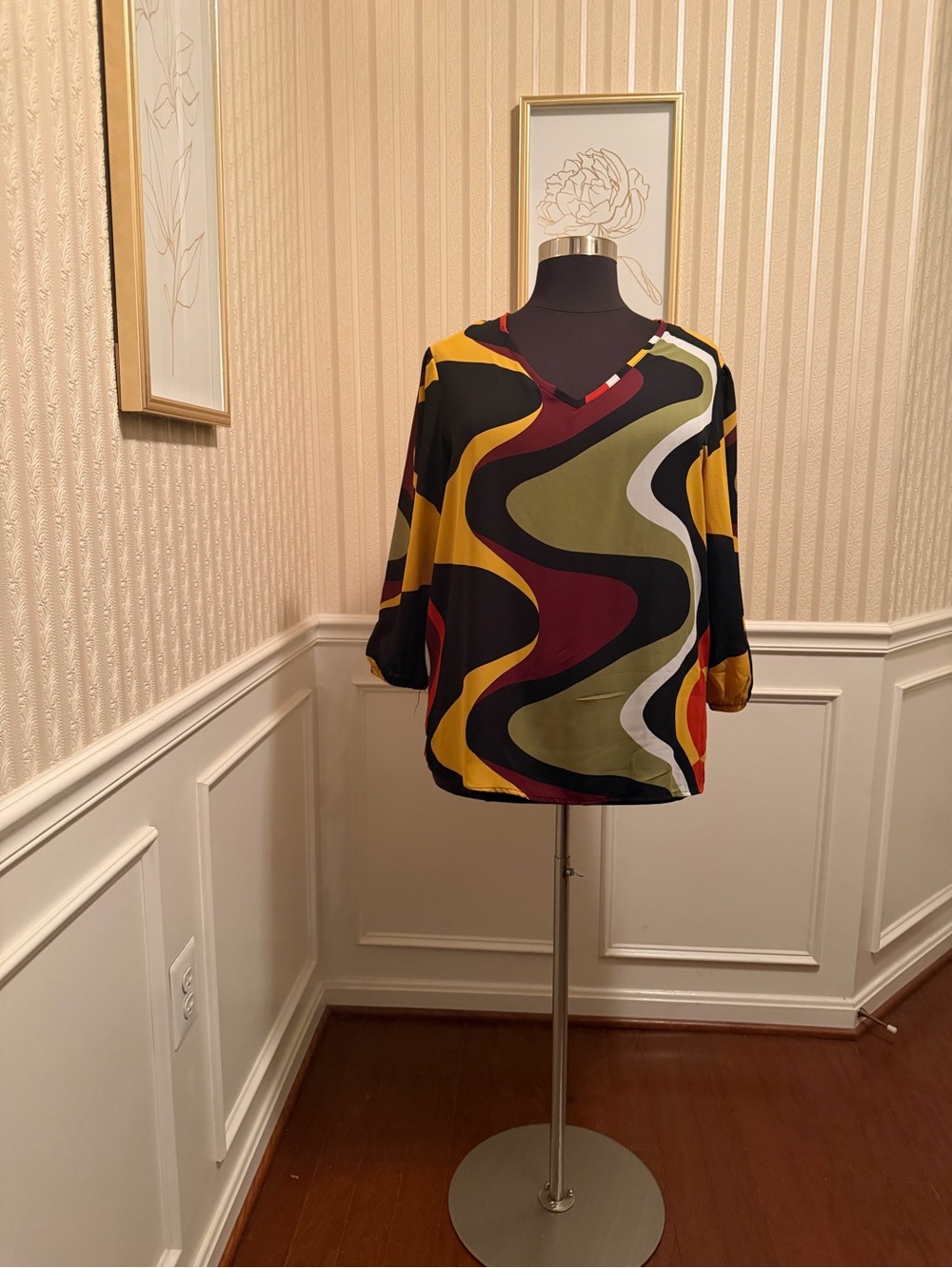 Ashley Stewart Wavy Print V-Neck Top in Mustard, Olive, Burgundy, Black & Green